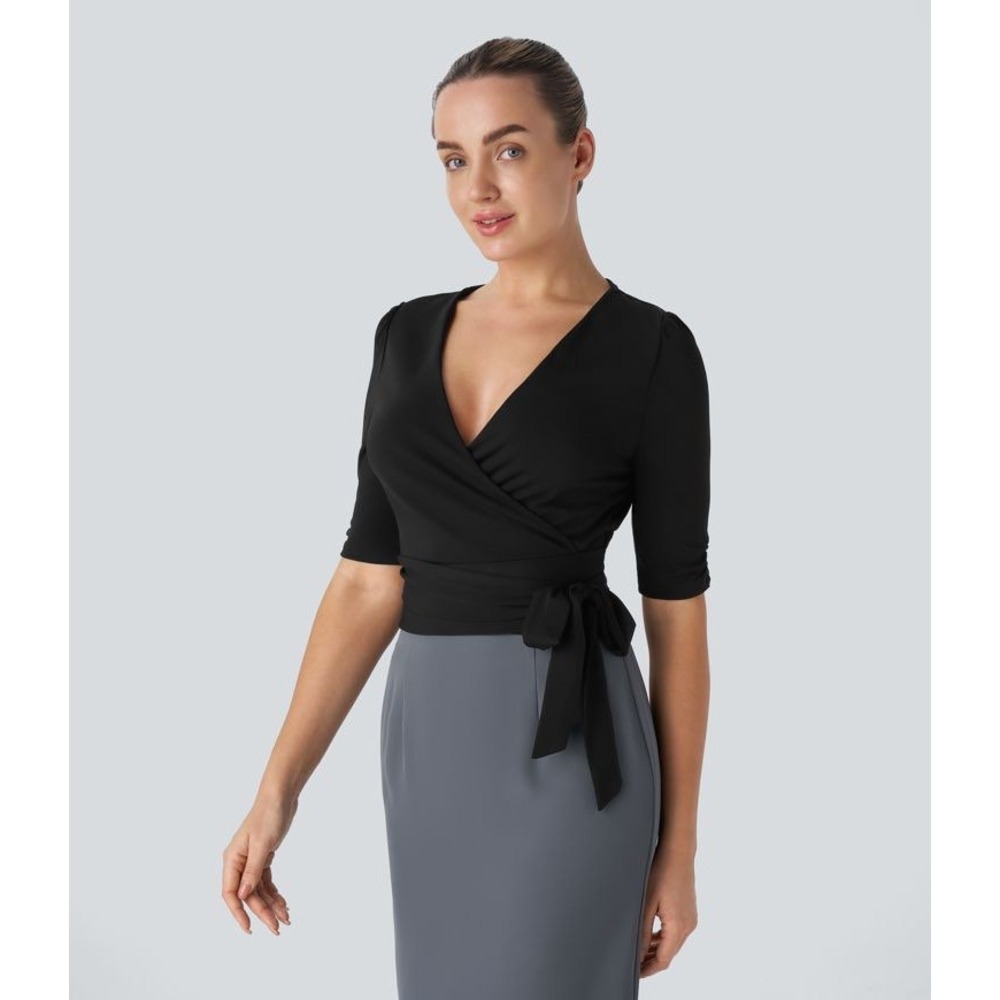 NWT Halara V Neck Side Tie Wrap Top S Black Puff Sleeve Balletcore Wok Minimal